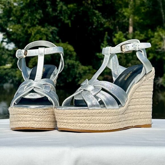 NEW Saint Laurent Tribute Espadrille Wedge Sandals YSL Metallic Silver Italy 36 - Picture 2 of 16